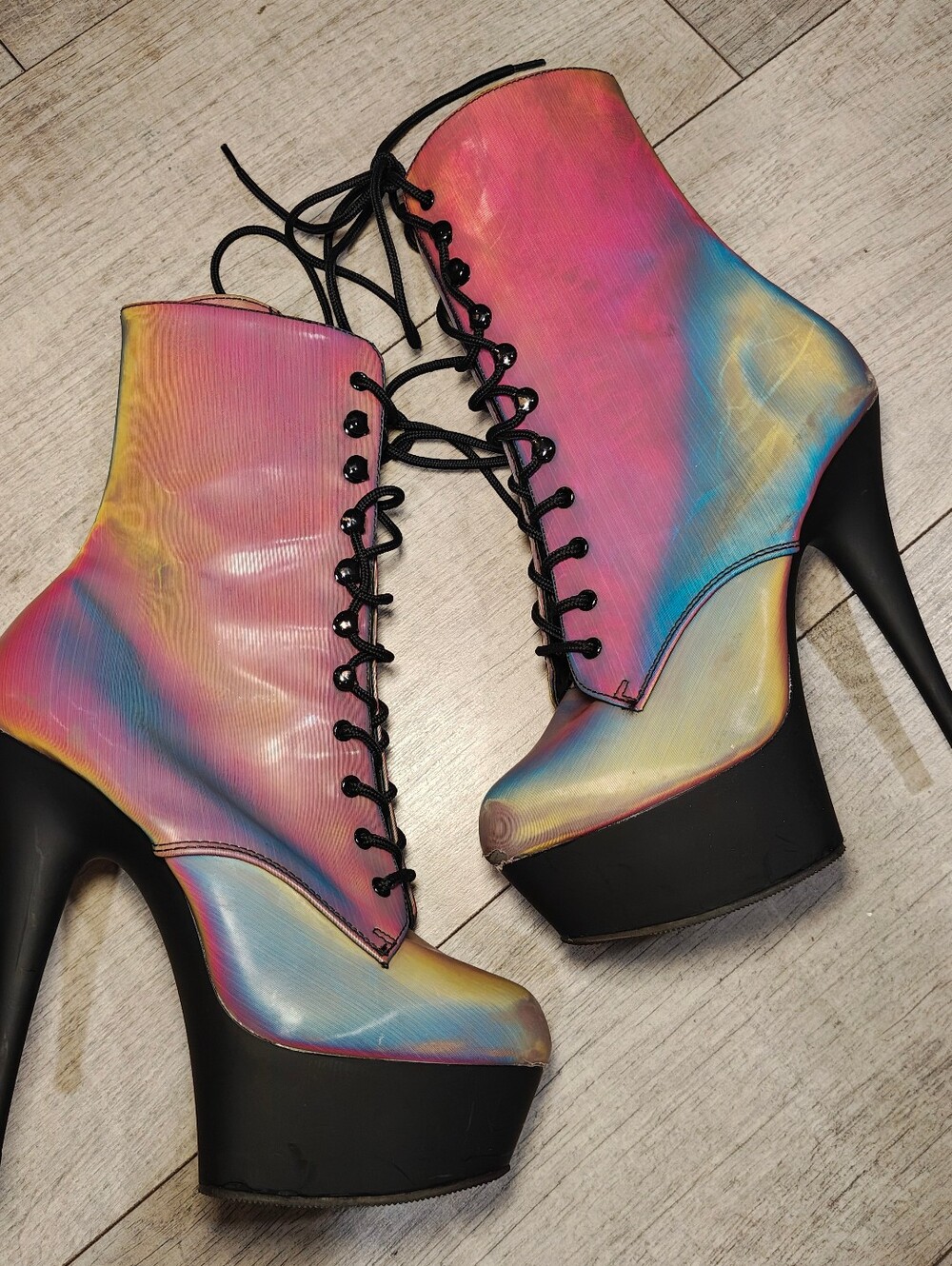 NWOT Pleaser Delight Rainbow Reflective Platform Stiletto Boots. - Picture 2 of 9